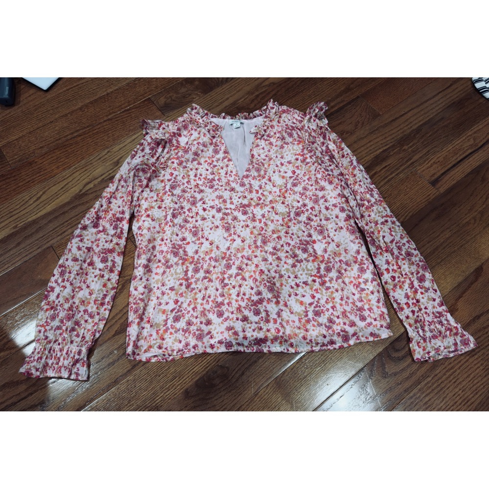 J.Crew‎ Womens Pink Floral Ruffle Neck Smocked Cuff Blouse Small Cottagecore